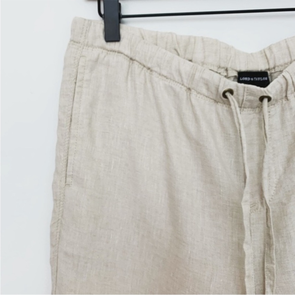 Lord & Taylor 100% linen tan ecru wide leg loose fit long khaki tie waist pants - Picture 4 of 8